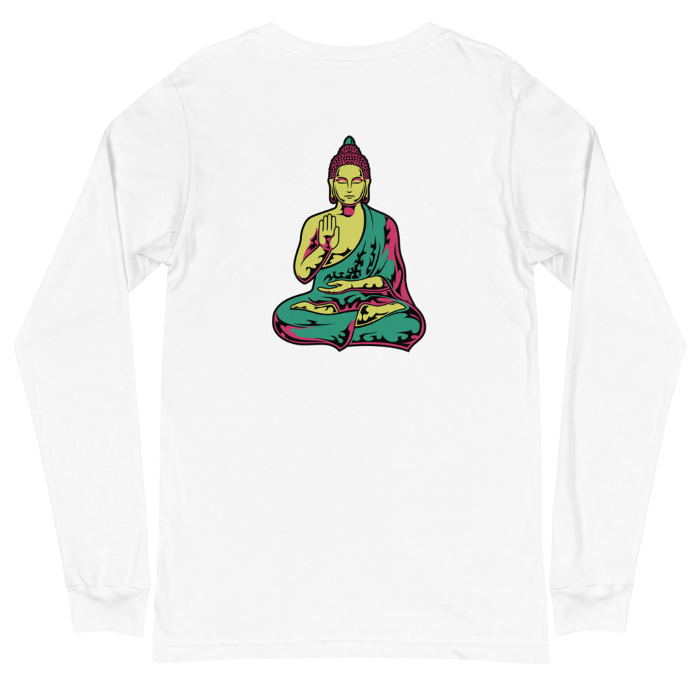 Buddha_ColorsGYR Multi-Color Long Sleeve Tee Front - Back Design